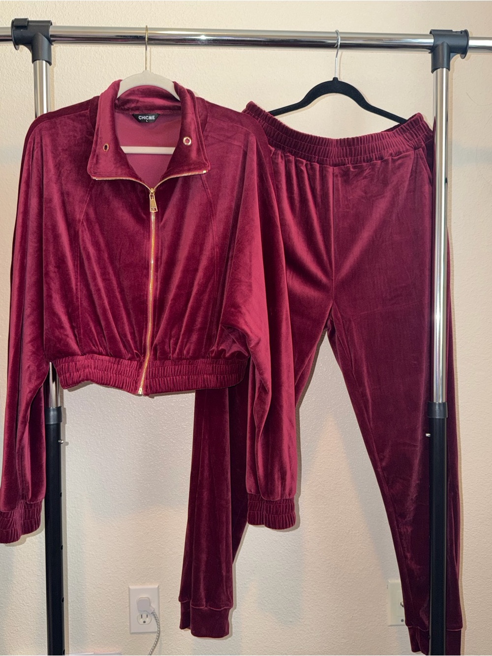 chic Burgundy Velour Zip Jacket & Joggers